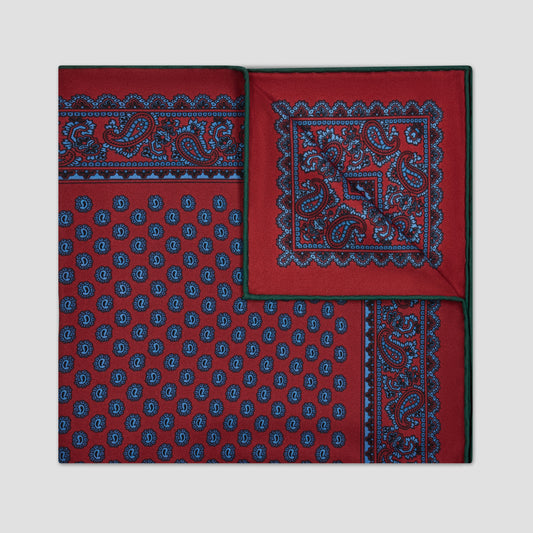 Geo Border Printed Silk Pocket Square in Red with Hand Rolled Edges
