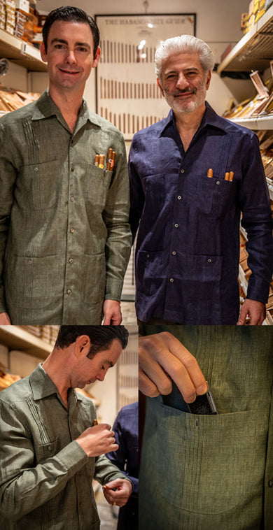 Collage of men in cigar store wearing linen shirts