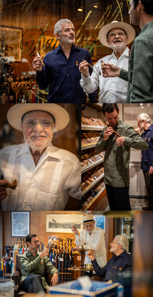 Collage of a men in wearing shirts in various settings, including a store and a bar.
