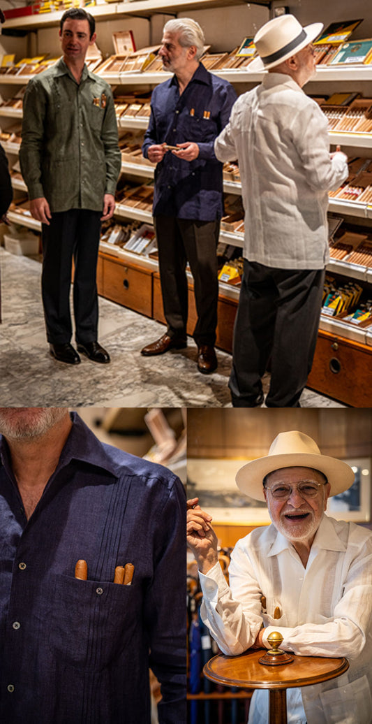 Collage of four images featuring men in various settings, including a store and a bar.