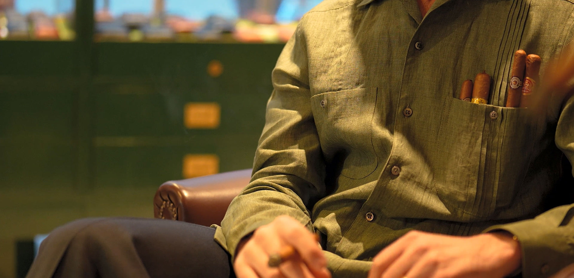 Load video: Video of Kirby Allison, Eddie Sahakian and Budd Shirtmakers collaboration of Guayabera shirt with featured Davidoff cigars