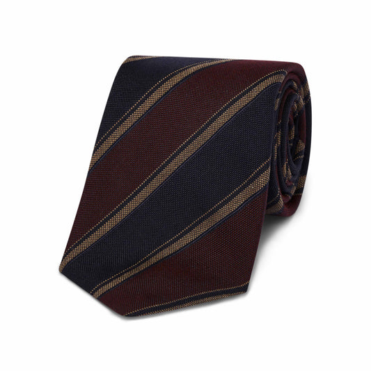 Heritage Stripe Silk and Wool Tie in Navy and Burgundy