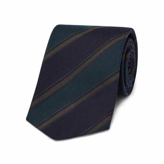 Heritage Stripe Silk and Wool Tie in Navy and Green