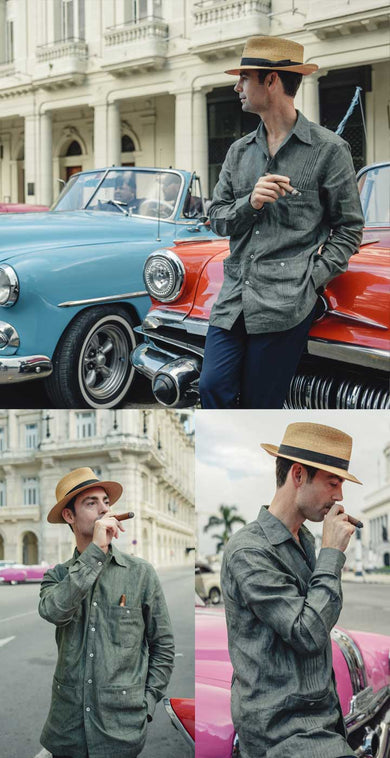 Collage of Kirby Allison in Havana street stood against vintage red car with pink car in background 