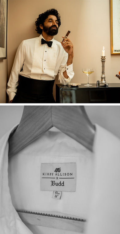 Model wears a cream silk hand pleated 1/4 pleat evening shirt with black bow tie