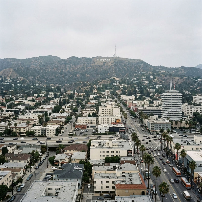 Aerial image of Los Angeles city with Hollywood sign