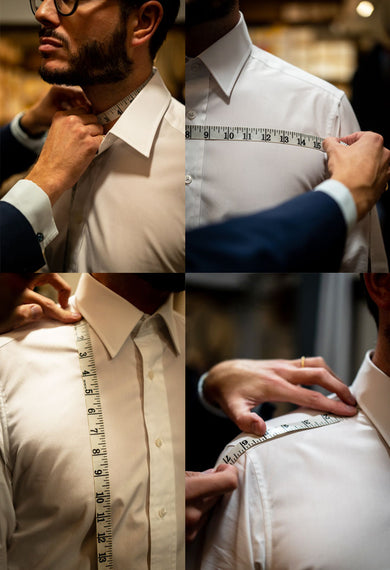 Close up images of man being measured in a white shirt for made to measure