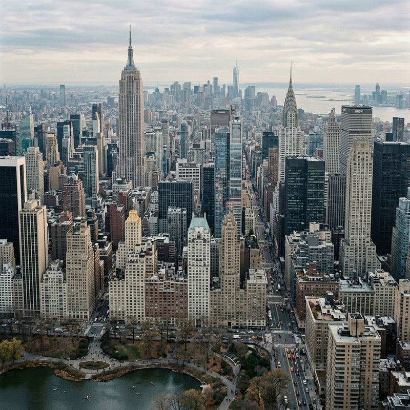 Aerial view of a New York cityscape with tall buildings and a body of water.