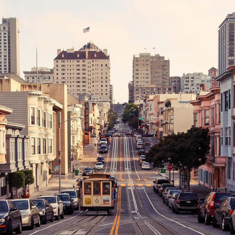City street with a cable car in San Francisco