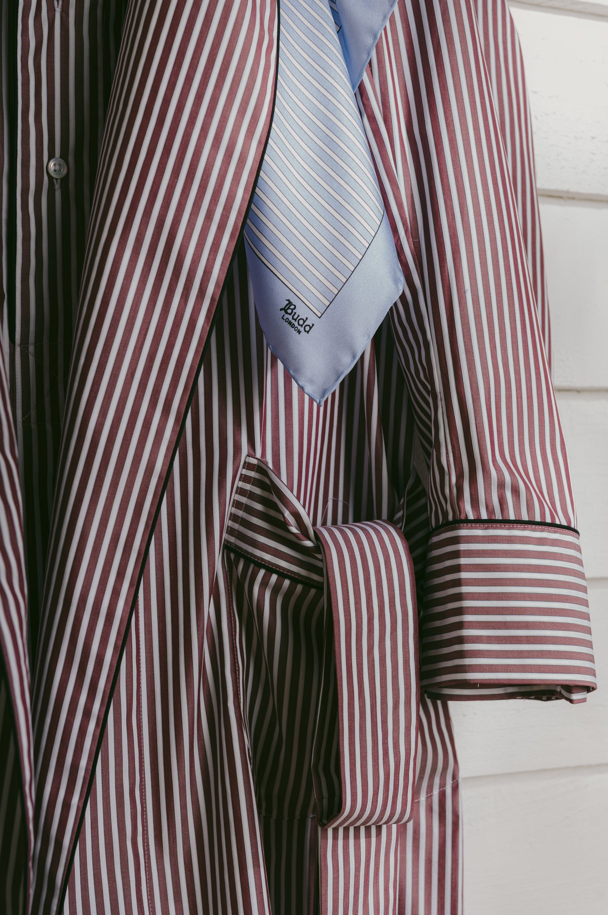 Burgundy stripe dressing gown close up
