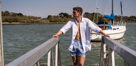 Budd Shirtmakers sky blue swim shorts with white linen shirt
