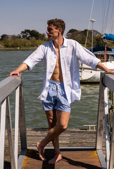 Budd Shirtmakers sky blue swim shorts with white linen shirt