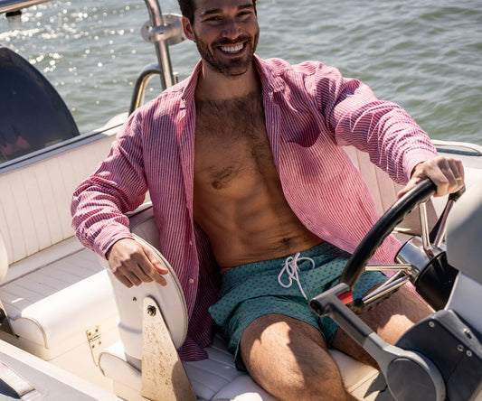 Budd Shirtmakers green floral swim shorts with cranberry stripe linen shirt