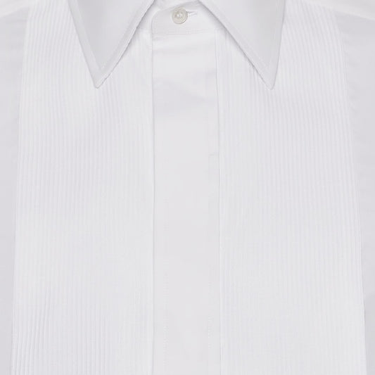 Fly front bib detail on tailored fit fine white poplin plisse front dress shirt