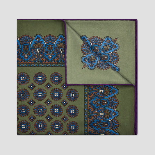 Trad Madder Printed Silk Pocket Square Hand Rolled in Green