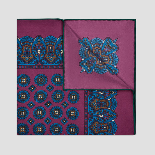 Trad Madder Printed Silk Pocket Square Hand Rolled in Pink