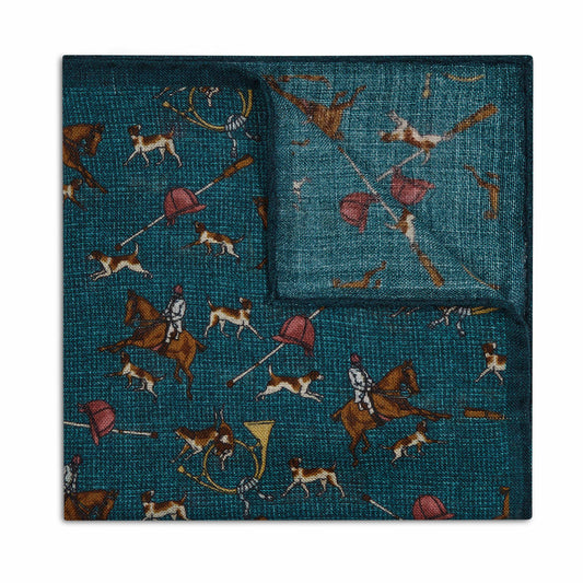 Vintage Hunting Design Wool Pocket Square in Teal