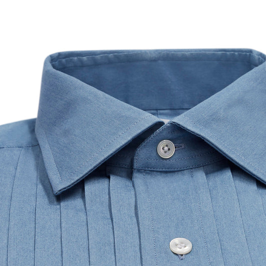 Matt Hranek collar detail from the WM BRown x Budd washed blue denim pleated front dress evening shirt 