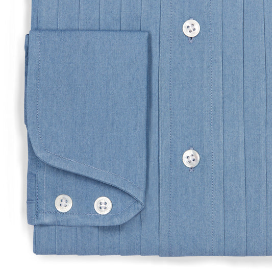 Cocktail cuff on WM BRown x Budd washed blue denim pleated front dress evening shirt  