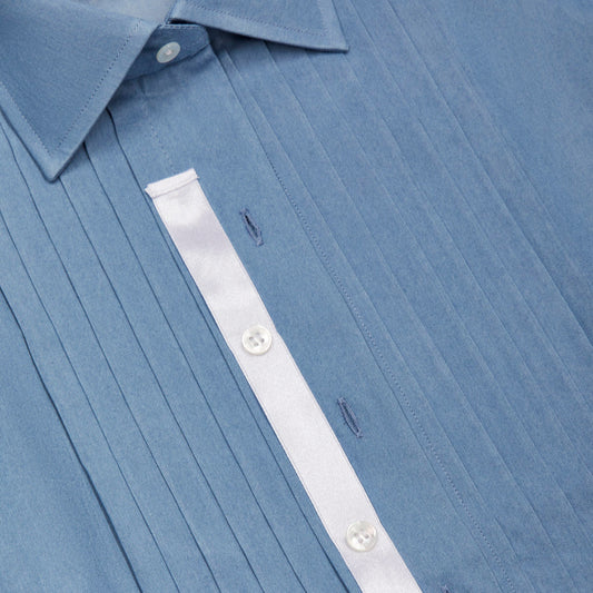 Button ribbon detail of WM Brown x Budd washed blue denim pleated front dress evening shirt 