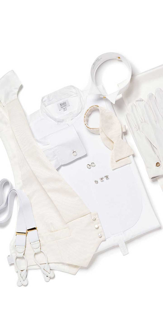 White Tie Attire Bundle with white dress shirt, white bow tie, waistcoat, braces, cufflinks, socks, detachable wing collar and dress scarf