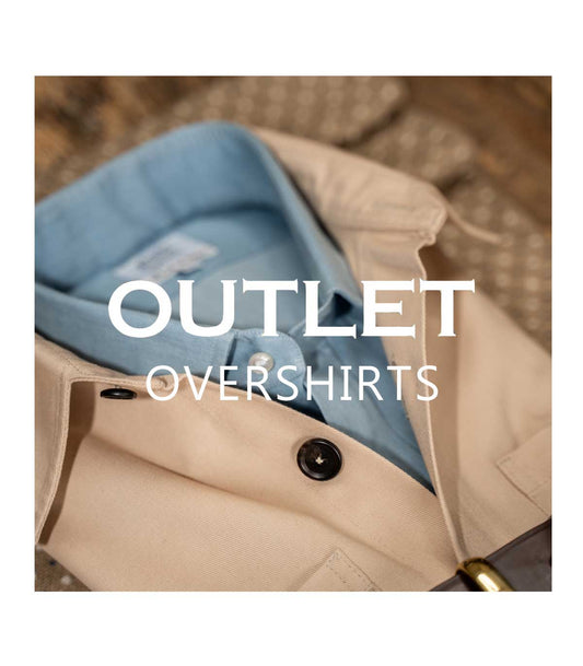 Close-up of a beige jacket with a blue shirt underneath, labeled 'Outlet Overshirts'.