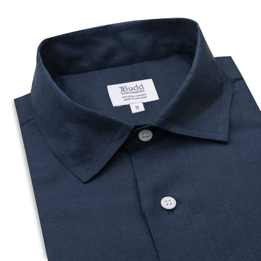 Casual Fit Plain Linen Button Cuff Shirt in Navy