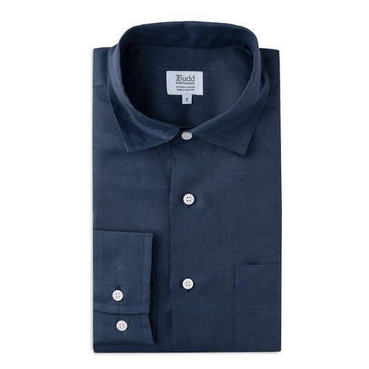 Casual Fit Plain Linen Button Cuff Shirt in Navy