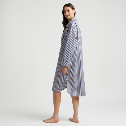 Exclusive Budd Stripe Cotton Nightshirt in Navy on model back