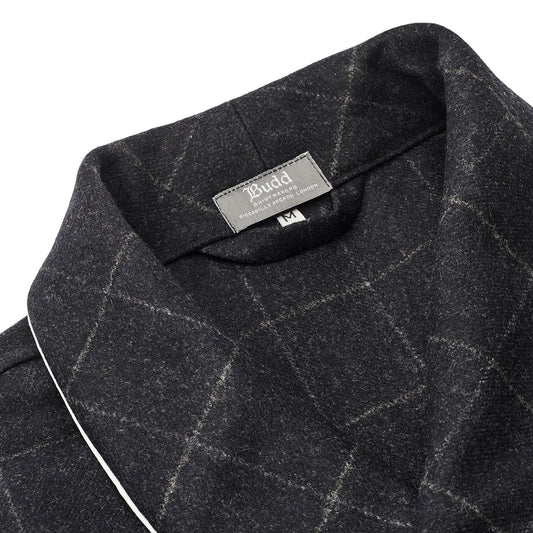 White piped shawl collar detail on Windowpane Fox Flannel Wool Dressing Gown in Charcoal Grey