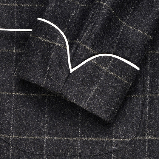 White piped cuff on Windowpane Fox Flannel Wool Dressing Gown in Charcoal grey