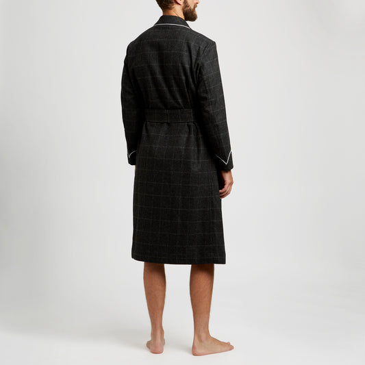 Windowpane Wool Dressing Gown in Charcoal  grey worn on model