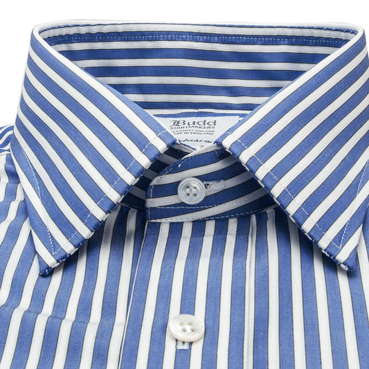 Collar detail on exclusive Budd stripe shirt in Edwardian blue