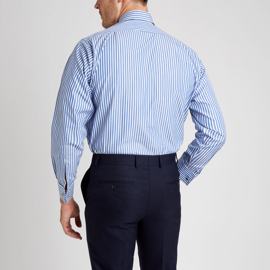 Back view of Classic Fit exclusive Budd Stripe Double Cuff Shirt in Edwardian Blue 