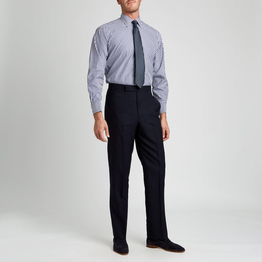 Classic Fit Exclusive Budd Stripe Double Cuff Shirt in Navy on model