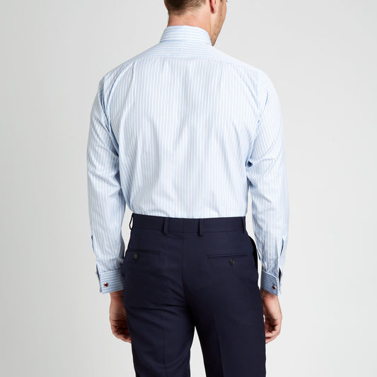 Rear view of classic Fit Exclusive Budd Stripe Double Cuff Shirt in Sky Blue on model