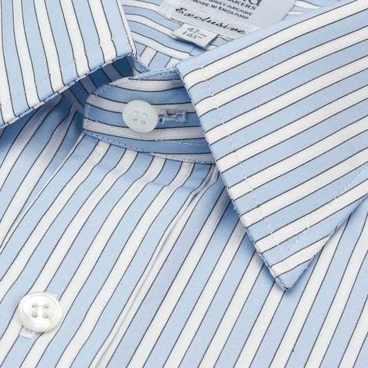 Collar detail on Exclusive Budd Stripe Shirt in Sky Blue