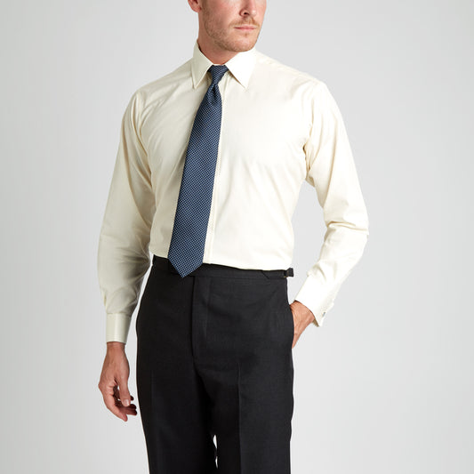 Classic Fit Plain Sea Island Cotton Double Cuff Shirt in Cream on model front