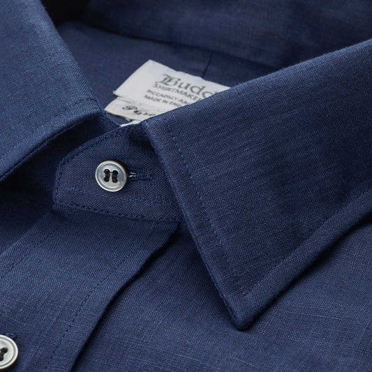 Classic Fit Plain Linen Button Cuff Shirt in Navy