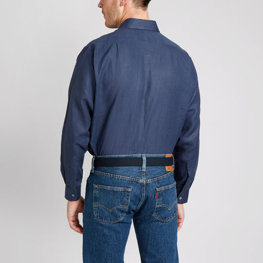 Classic Fit Plain Linen Button Cuff Shirt in Navy on model back