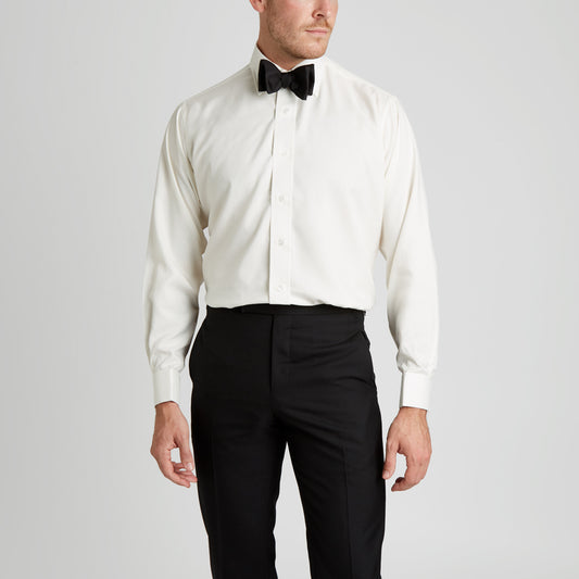 Classic Fit Plain Silk Double Cuff Dress Shirt in Cream on model front