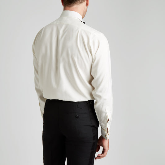 Classic Fit Plain Silk Double Cuff Dress Shirt in Cream on model back