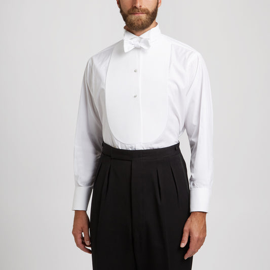 Classic Fit Plain Stiff Bib Neckband Double Cuff Dress Shirt in White on model 