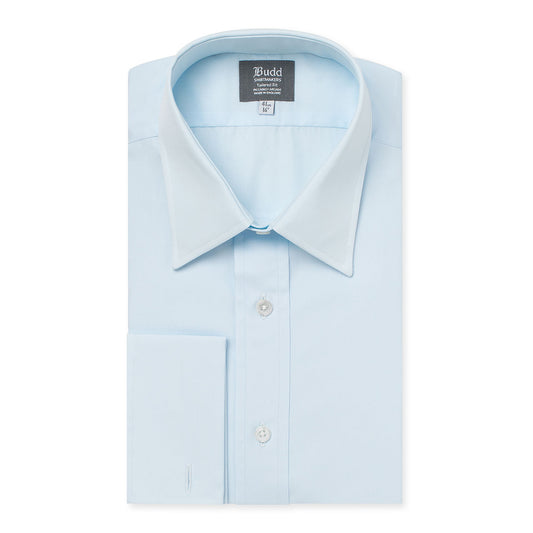 Tailored Fit Plain Poplin Double Cuff Shirt in Sky Blue