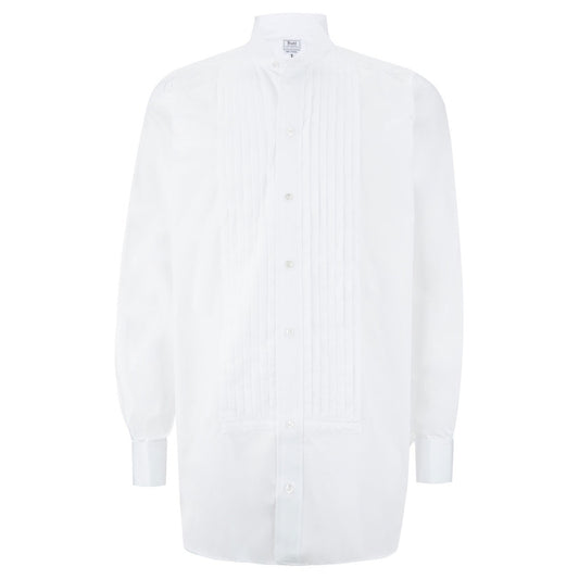 Classic Fit Wing Collar Hand Pleated Double Cuff Dress Shirt in White Full Body