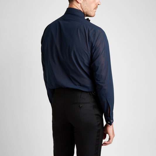 Classic Fit Hand Pleated Voile Double Cuff Dress Shirt in Navy on model back