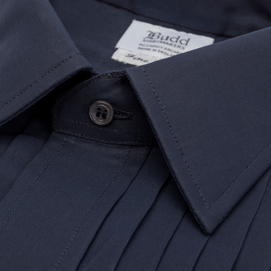 collar detail on Voile Hand Pleated Dress Shirt in Navy 