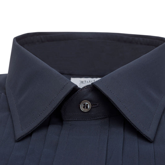 Collar detail on Navy Voile Hand Pleated Dress Shirt