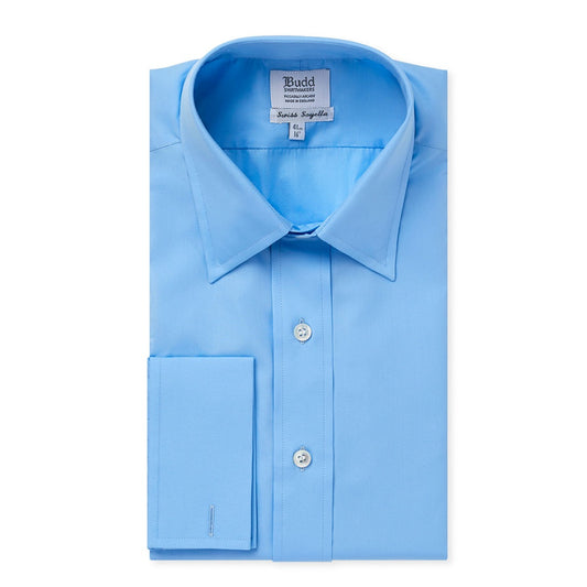Classic Fit Plain Poplin Double Cuff Bank Collar Shirt in Cornflower