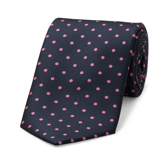 Medium Spot Silk Tie in Navy and Pink